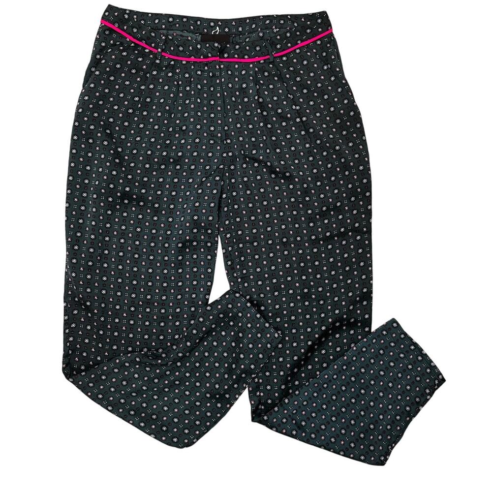 Greylin Anthro Teal Printed Satin Trouser Pants With Pockets Hot Pink Trim, S
